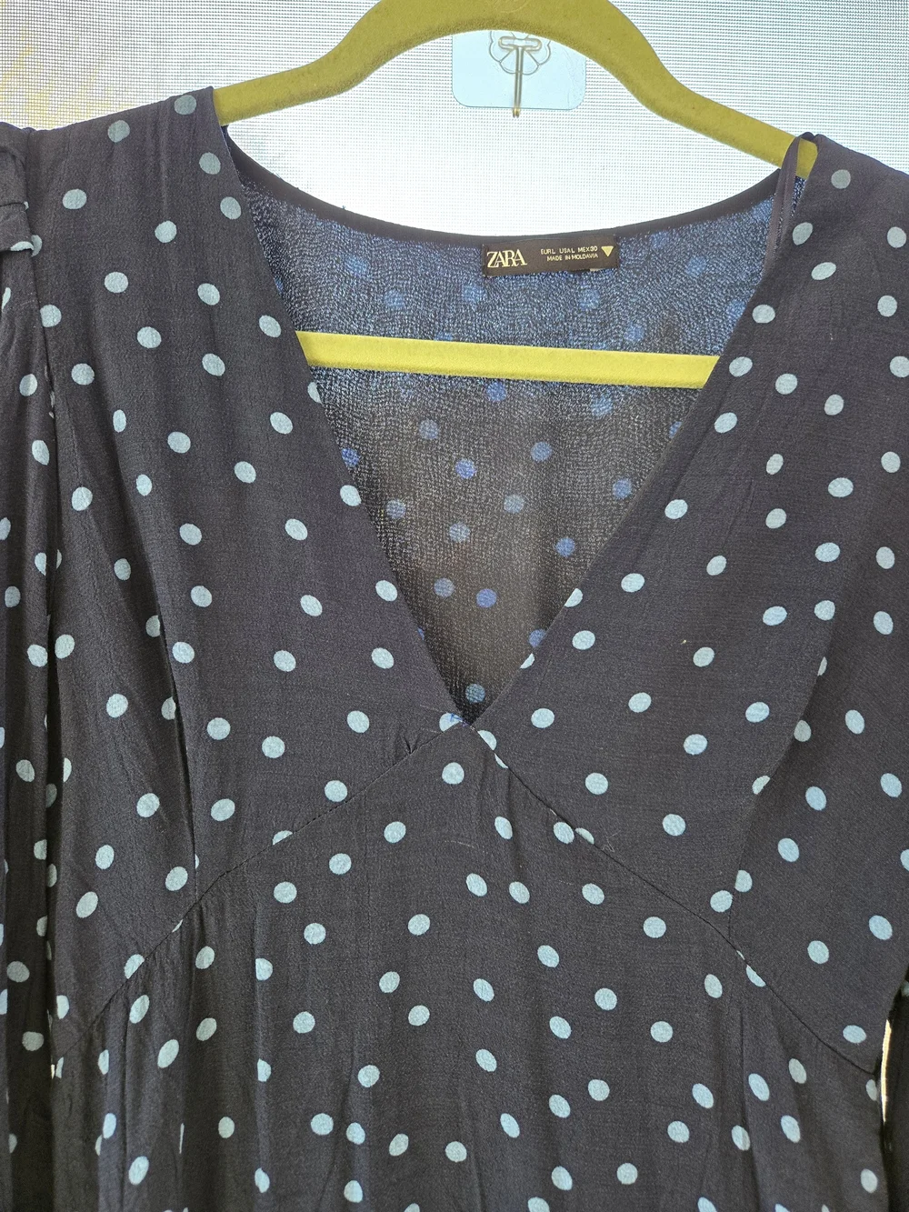 Zara Navy Polka Dot Puff Shoulder Midi Dress Women's Large - Picture 6 of 13